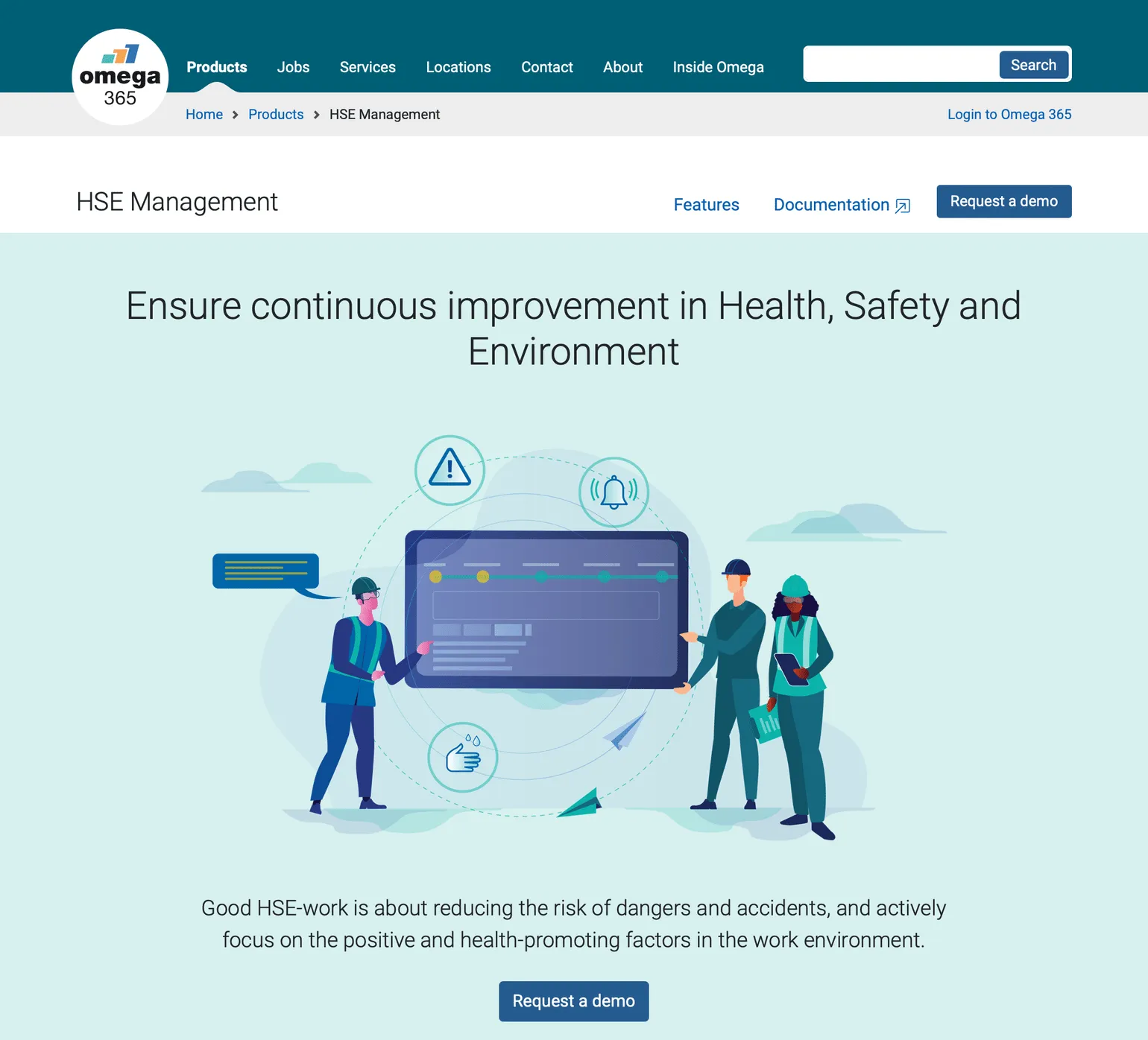 Product page for Omega 365. Subnavigation with white background and call-to-action button. Main title and illustration with pastel cyan background.