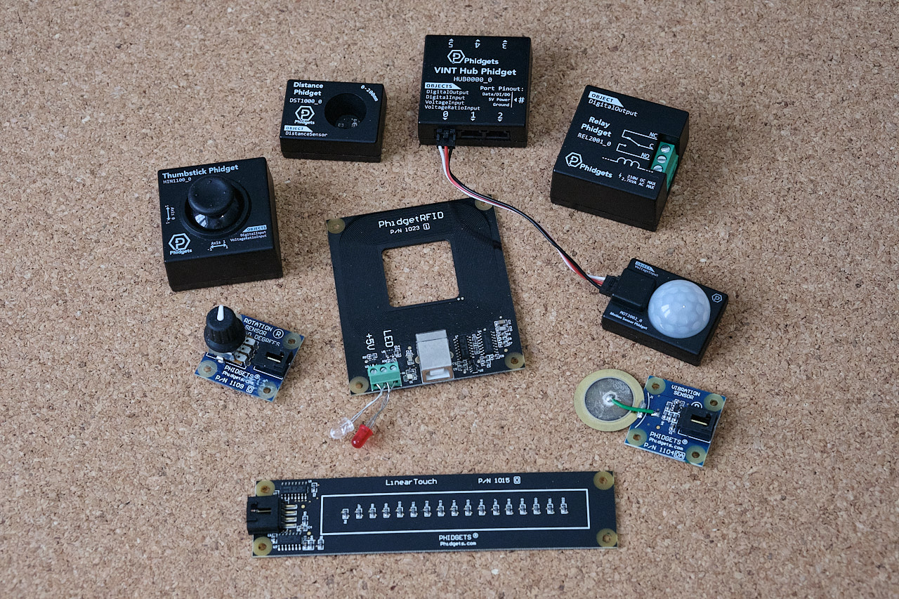 Various electronics components such as distance sensor, Phidgets hub, relay, thumbstick, RFID, rotation senser and more.